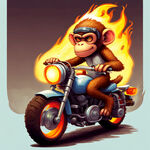 卡通版猴子骑着带火的摩托车