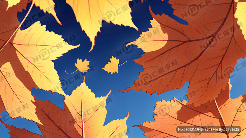 秋天场景 银杏叶 枫叶 卡通