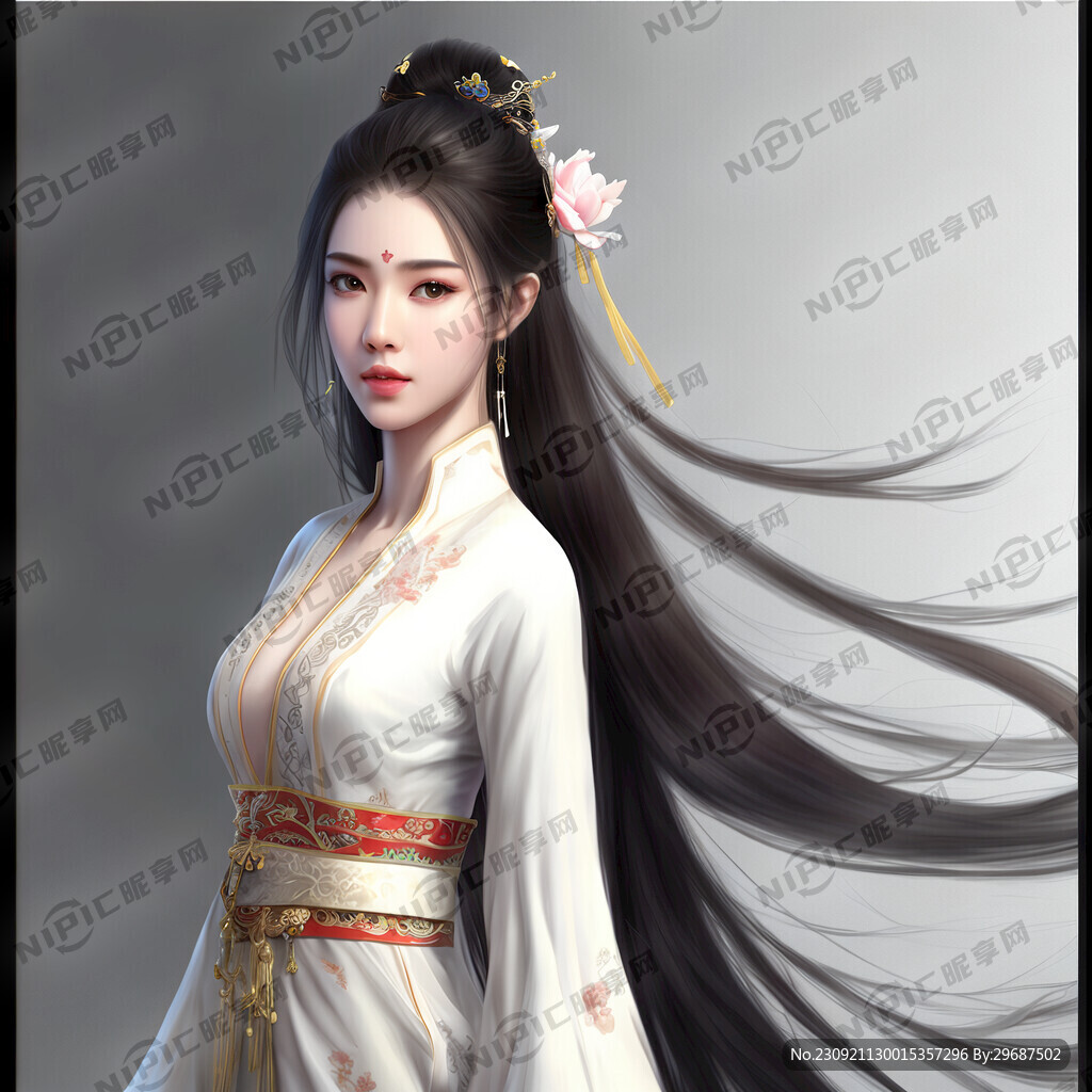 长发美女 背景白色 五官精致