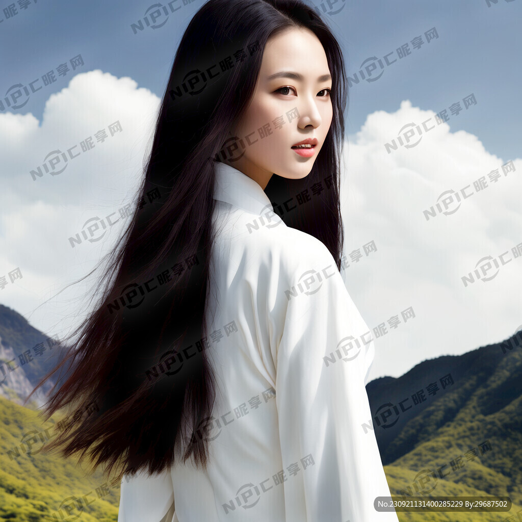 自然长发美女 背景纯白色