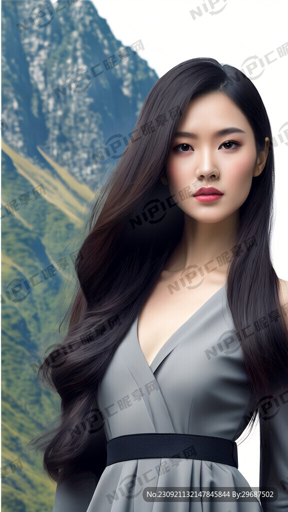 自然长发美女深色裙 纯白色背景