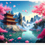 游戏梦幻唯美新中式风景，超高清，细节刻画，沐浴在花瓣里满天花瓣，飘渺电影般环境，明亮清晰