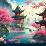游戏梦幻唯美新中式风景，超高清，细节刻画，沐浴在花瓣里满天花瓣，飘渺电影般环境，明亮清晰