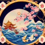 唯美新中式风景，超高清，细节刻画，沐浴在蝴蝶里满天花瓣，明亮清晰，层次分明，质感好