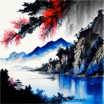 山水，克莱茵蓝，超高清，细节刻画，明亮清晰，层次分明，质感好，抽象，高级，大牌