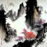 中式风景，超高清，细节刻画，沐浴在云里雾里满，大自然纯净的美丽，颜色鲜艳，明亮清晰，纹理清晰，质感强烈，爱马仕橙色