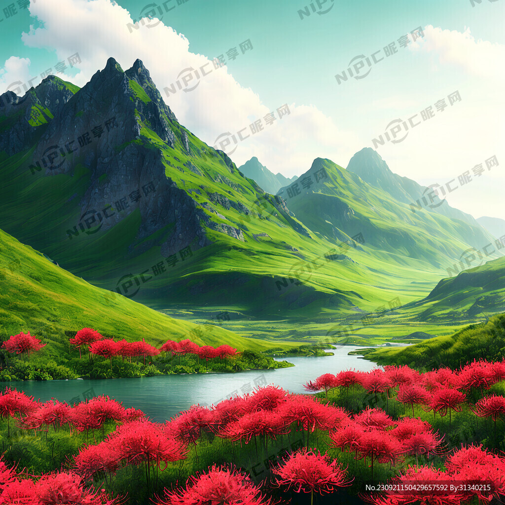 绿水 青山 彼岸花 克莱茵蓝