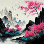 山水，花鸟，油画，高清，颜色鲜艳，有质感，纹理清晰，爱马仕橙克莱茵蓝