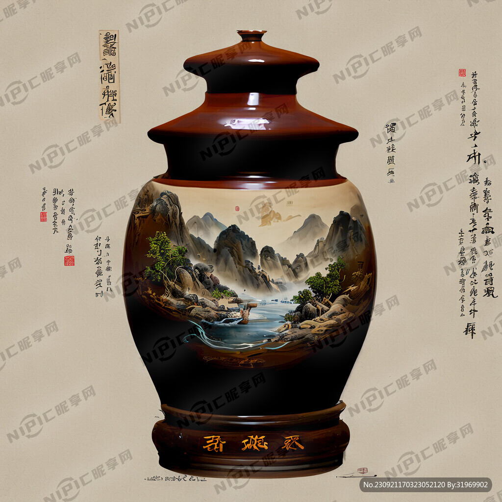 酿酒图山水人物酒坛