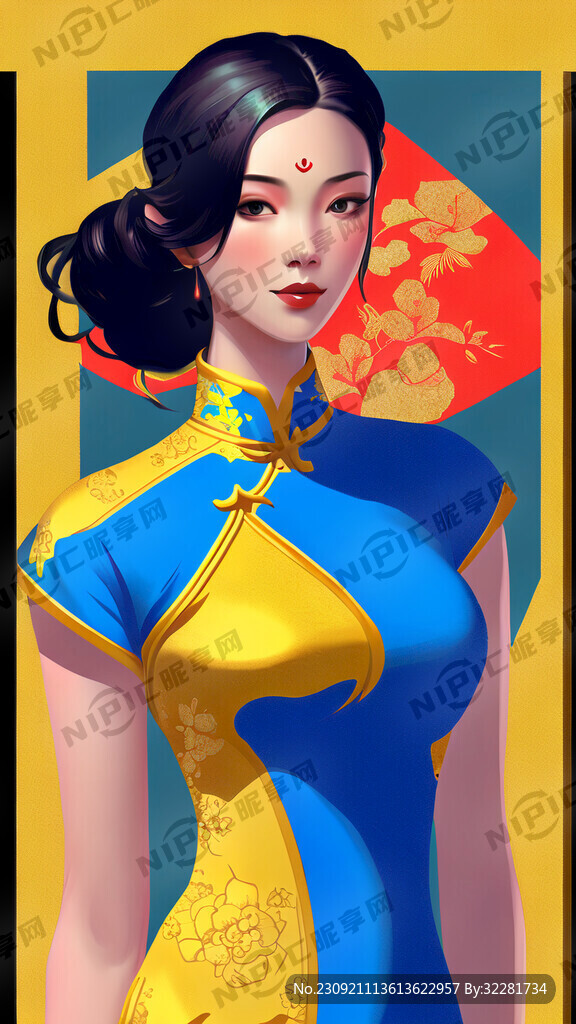旗袍插画身材全身金黄色露脸