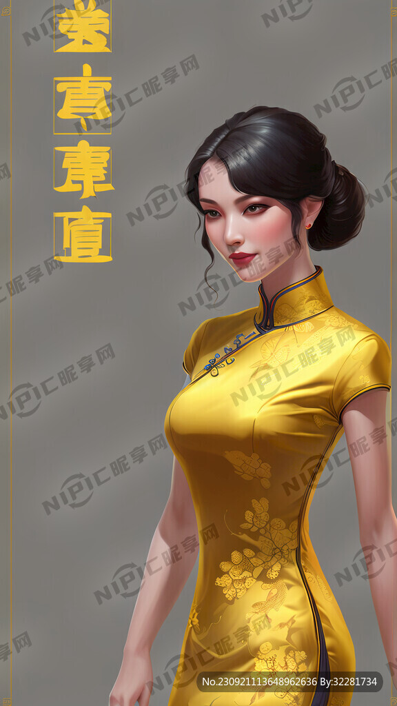 旗袍插画身材全身金黄色露脸