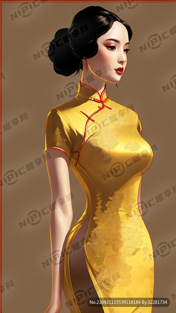 旗袍插画身材全身金黄色