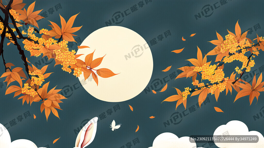 中秋手绘风海报 桂花 兔子