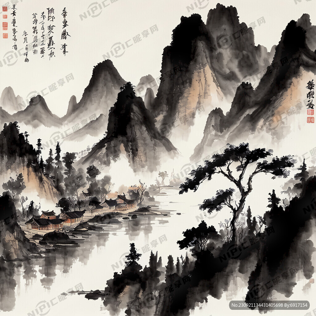 国庆节 中国画 山水 水墨风格