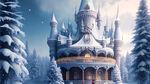 一个美丽的冰雪世界，欧式的城堡座落在森林深处，有旋转木马，有圣诞老人