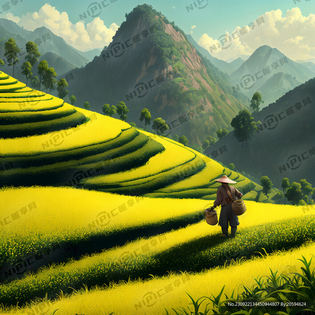 淡黄色的山黄色的草林采茶的人