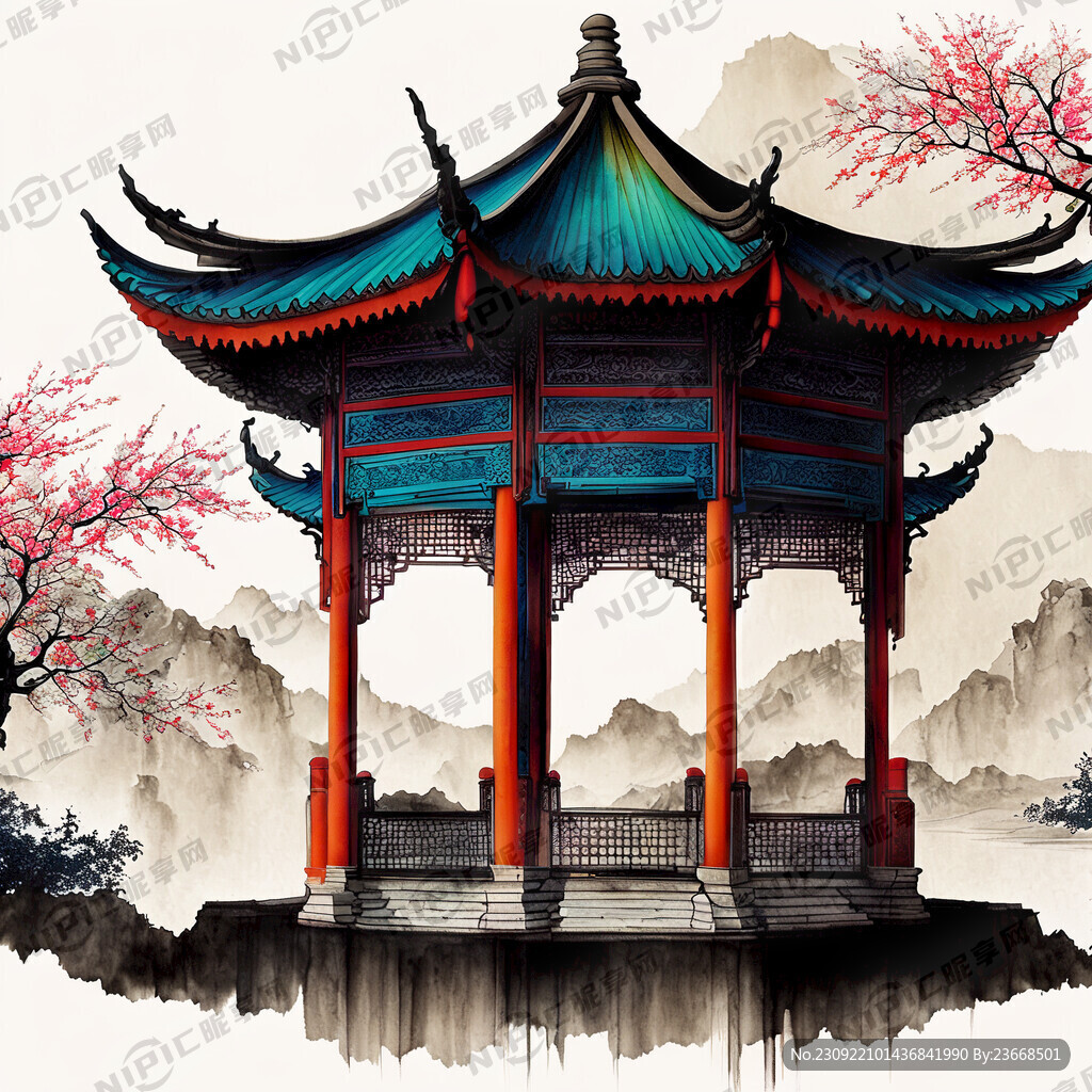 中国风墙纸图案亭台楼阁