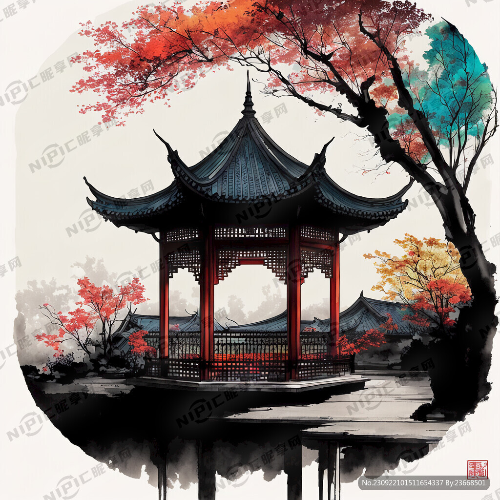 中国风亭台楼阁墙纸