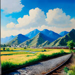 火车写实画，画面背景为写实乡村风景要有蓝天白云青山绿水，火车为老的绿皮火车，画面风格为写实油画风格，火车头从破墙洞穿出