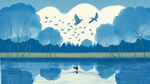 蓝色调湖上张网打鱼，鸬鹚，飞鸟，荷叶
