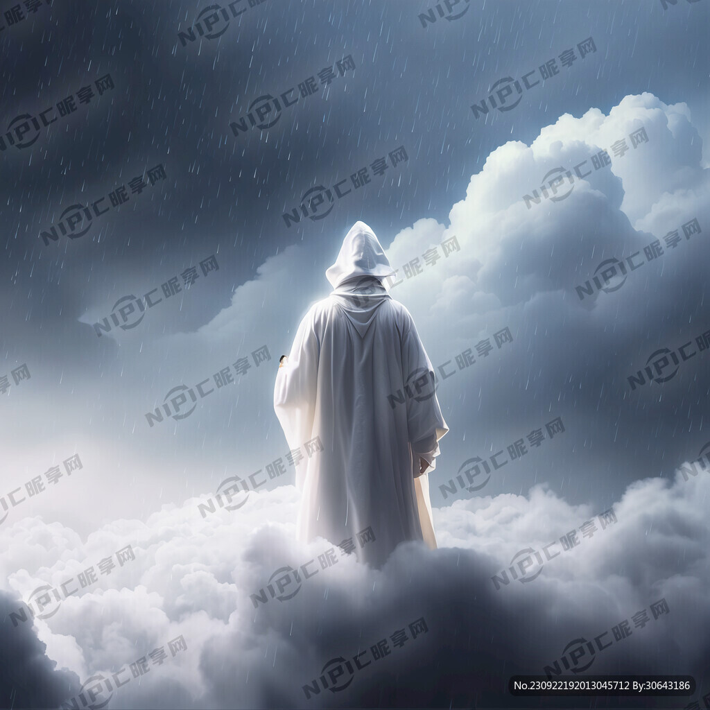 在云层上 白袍法师背影 下雨