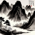 山谷，中国风，中国画，山水，水墨风格，写意，意境，高雅，高清，仙风道骨。