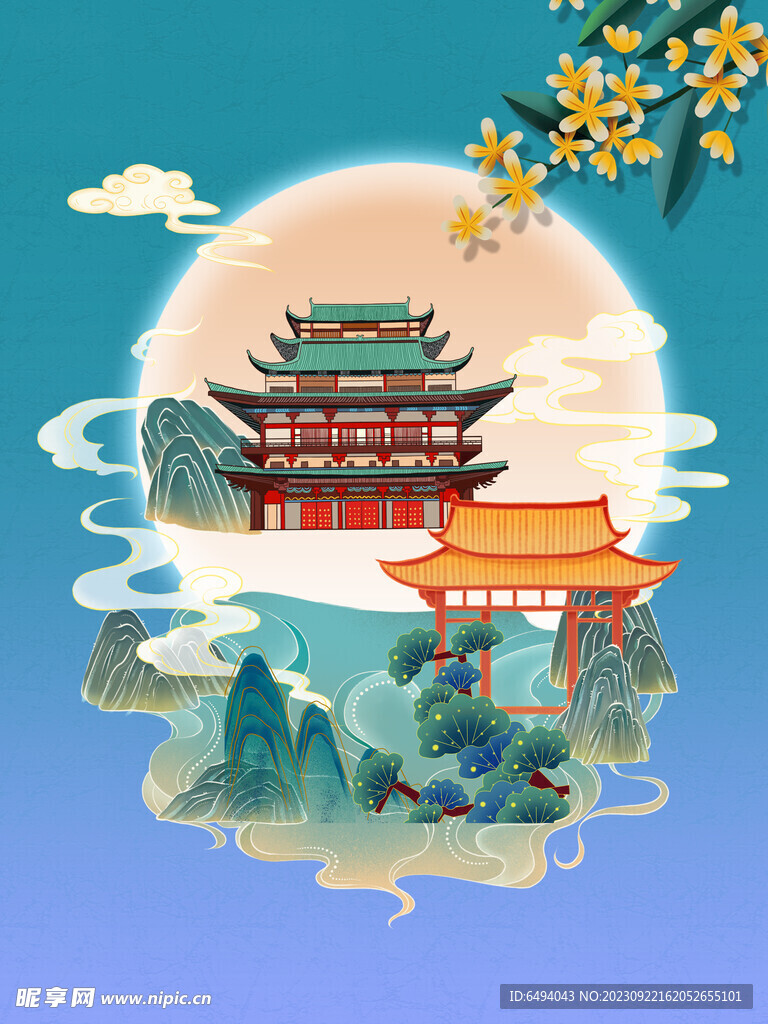 国潮中国山水画古建筑插图海报
