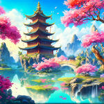 游戏梦幻唯美新中式风景，超高清，细节刻画，沐浴在花瓣里满天花瓣，飘渺电影般环境，明亮清晰，爱马仕橙色，克莱茵蓝色点缀