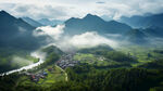 云雾缭绕的山村全景