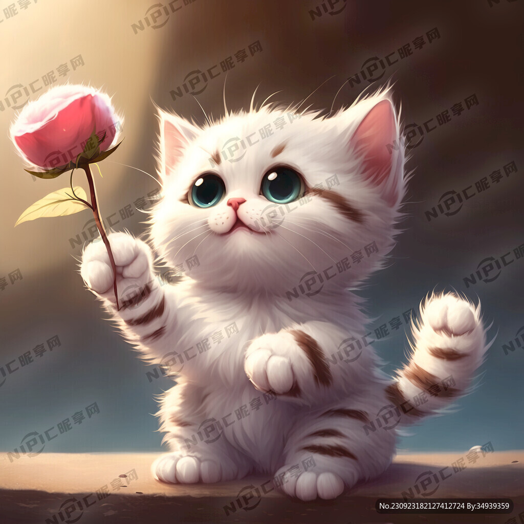 一只萌萌的卡通小猫抱着一朵棉花