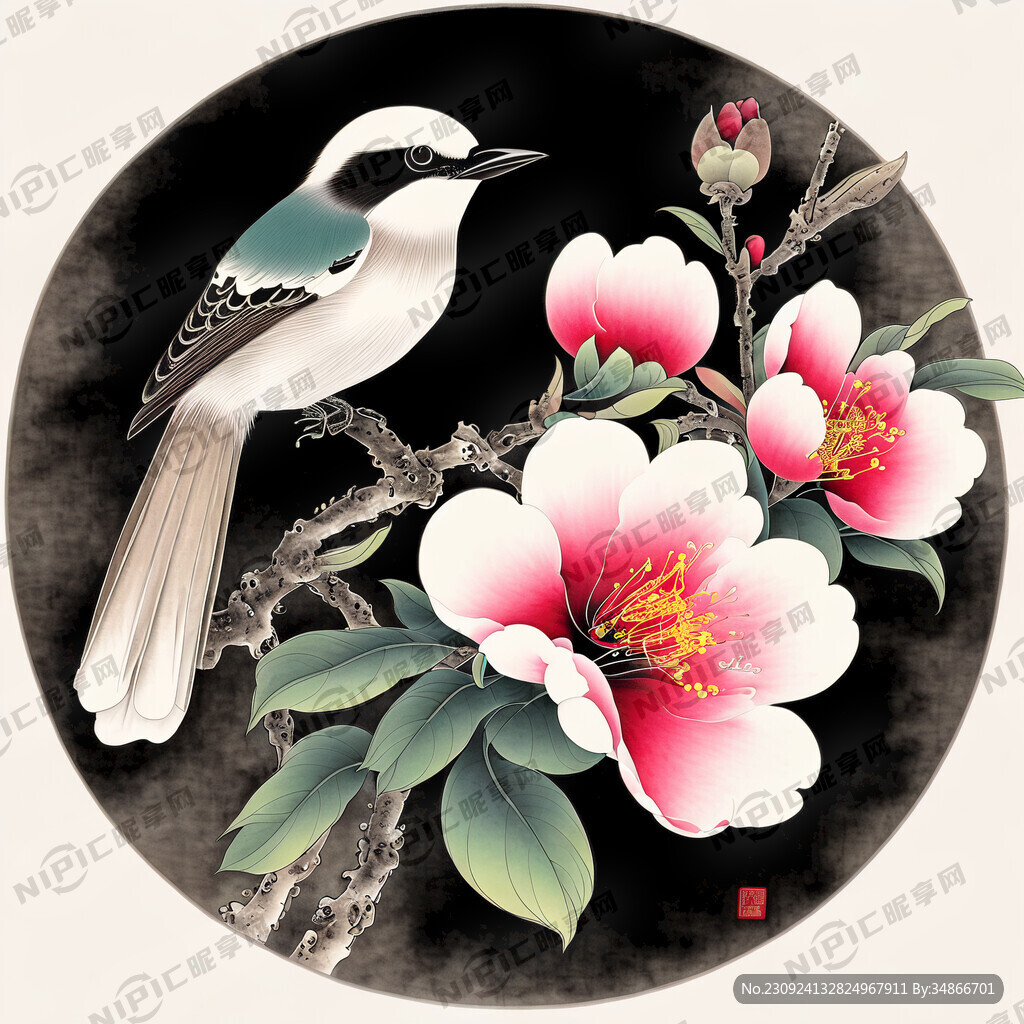 国画中国画两只鸟花鸟画桃花工笔