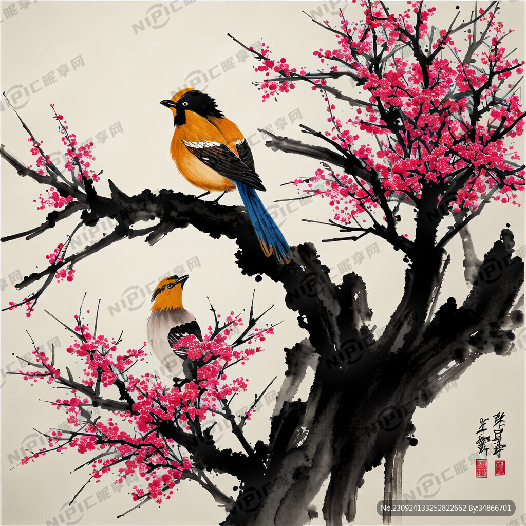 树上鸟而成双对国画