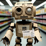 用废旧的纸张拼的机器人模型，机器人要非常开心，手里还要拿着超市小票
