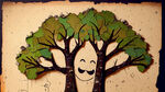 用废旧的纸张拼的卡通树木绘图，要快乐一点的，需要暖色调，明亮