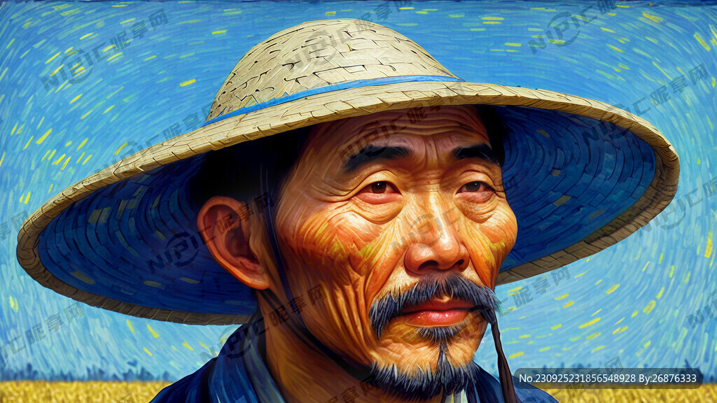 蓝色带草帽的农夫 全身