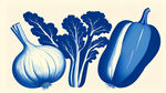 蓝白色调的版画，各种蔬菜