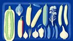 蓝白色调的版画，各种蔬菜，辣椒，黄瓜，白菜，豆角，葱，姜，蒜