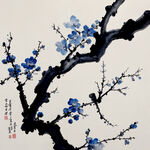 梅花，克莱茵蓝，层次分明，纹理清晰，水墨