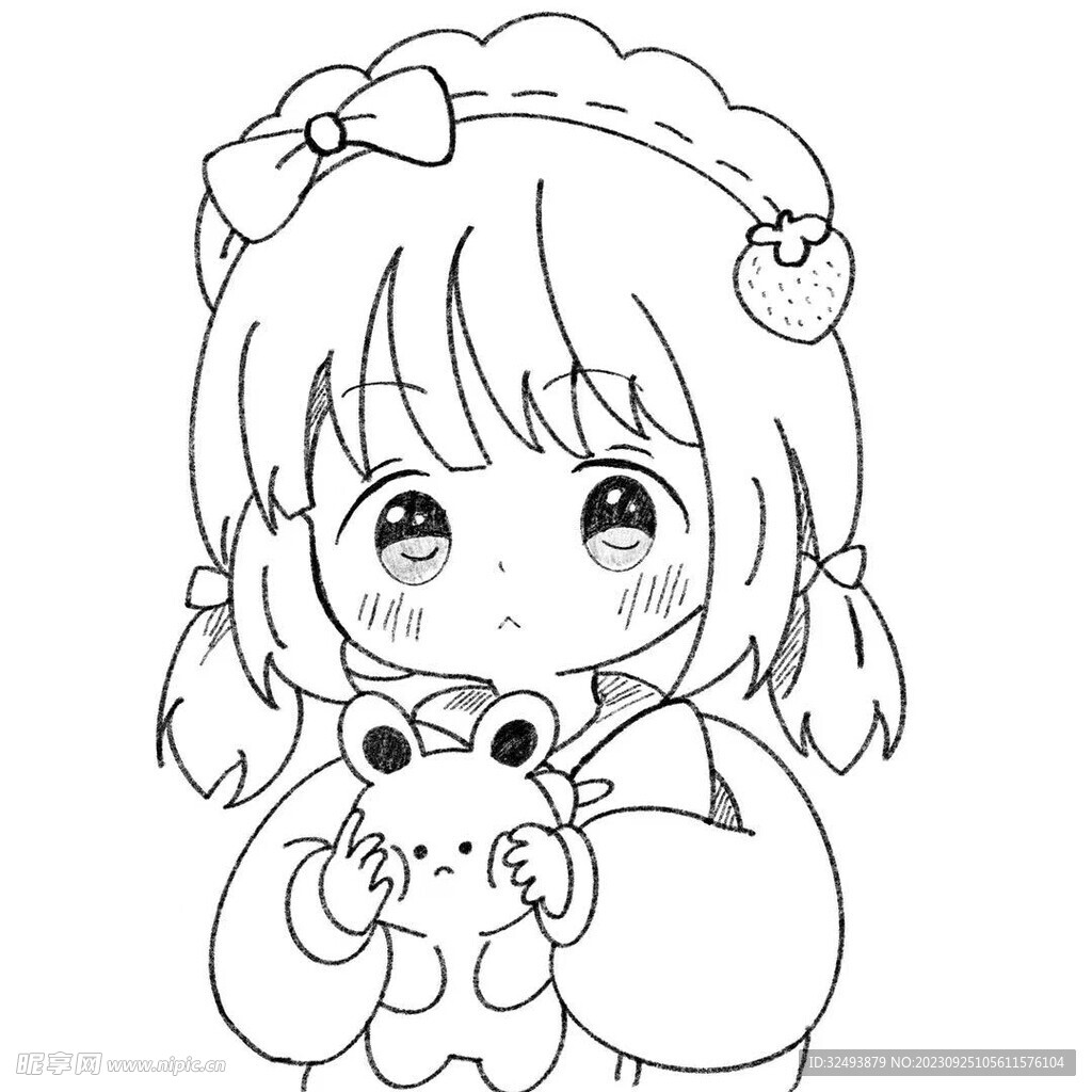 抱熊的小女孩黑白线稿