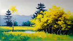 高清风景油画，小清新油画，绿色系，肌理感，黄绿色调，小花，略带中国风，丰富细节，虚幻引擎，高清，极致细节，精细刻画，3D风格,超高清，优化效果
