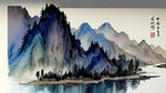 千里江山图，中国风，中国画，山水，彩色写意，意境，高雅，高清，国潮风。