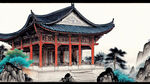 山水楼阁，中国风，中国工笔画，彩色工笔，高雅，线条清晰，图像高清，纯色背景，国潮风。