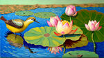 荷花，荷叶，藕，鸟，油画
