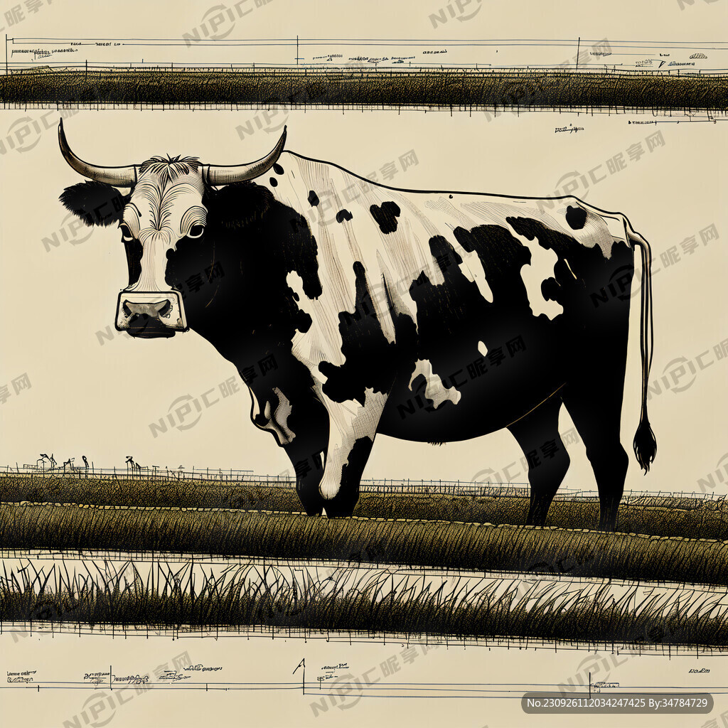 牛耕地线稿图