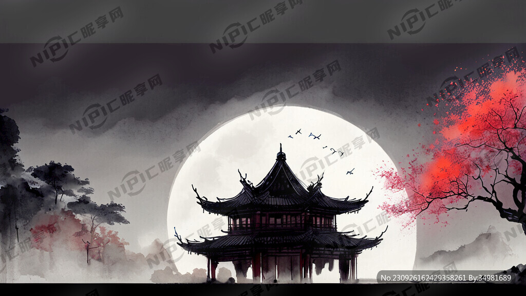 中国风古建筑 月亮 灯光