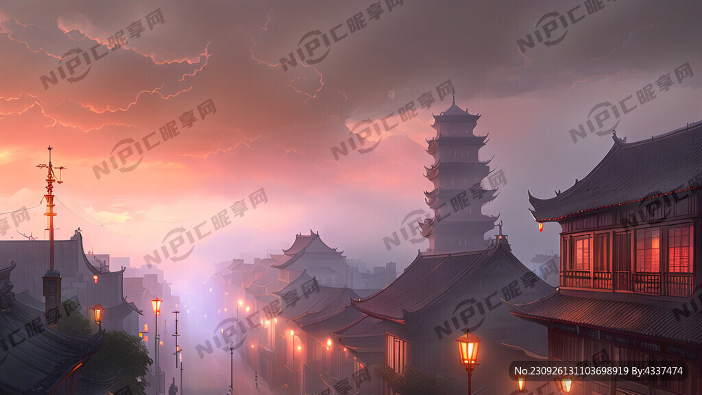 古都城市 繁华 云雾缭绕 晚霞