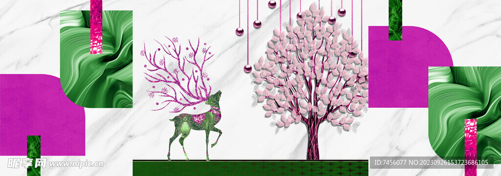 麋鹿水彩树三联挂画装饰画