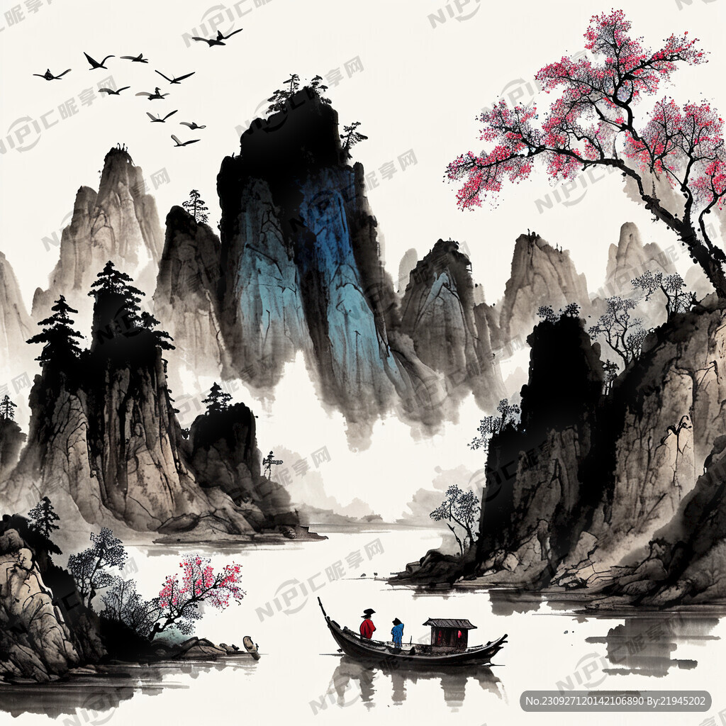 山 水 树 石头 飞鸟 小船
