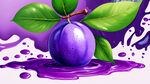 手绘风格，紫色液体背景，西梅果散落带绿色叶子，有切开的果子