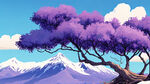 近处一根树枝结满了紫色西梅，远处是雪山，蓝天白云，手绘插画，